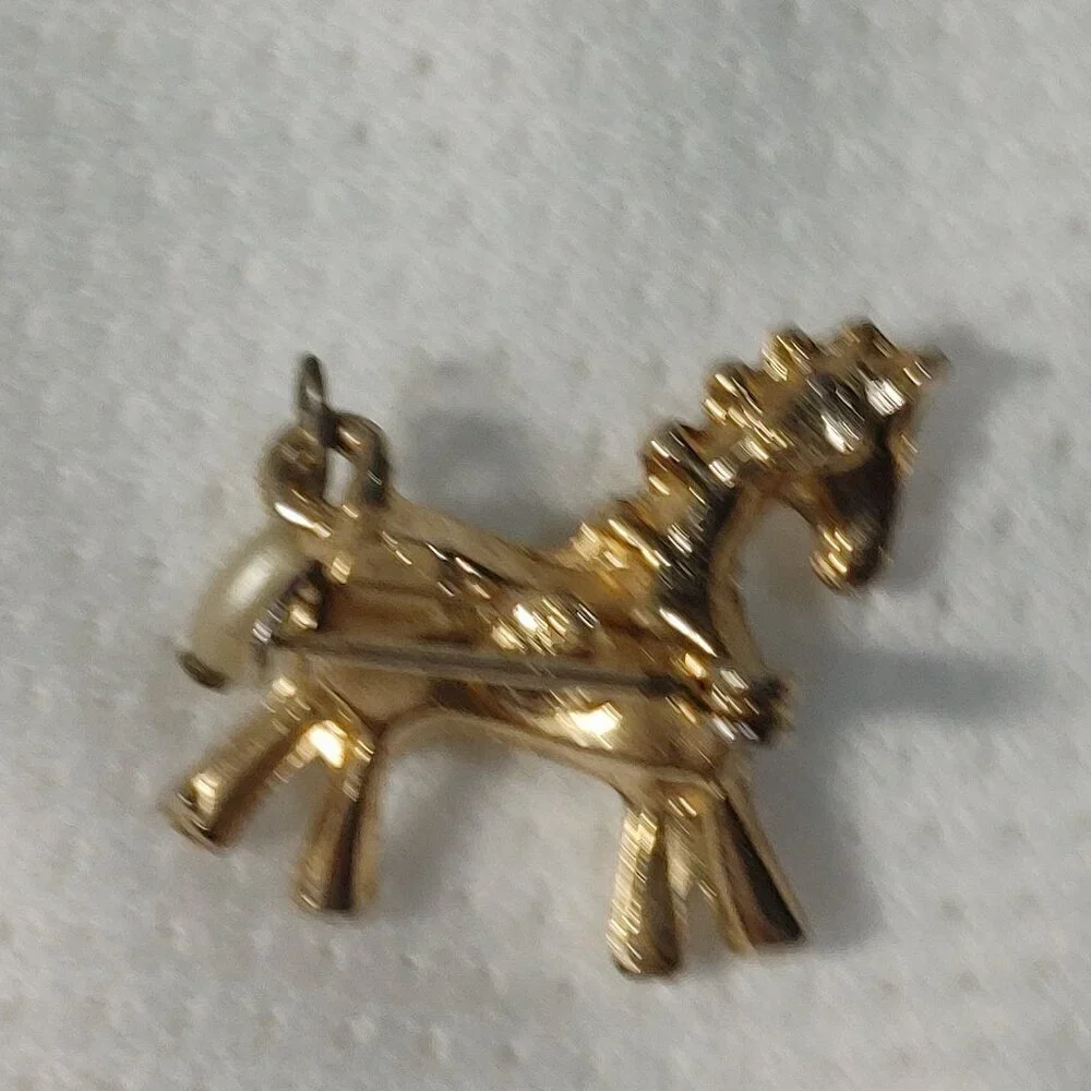 Vintage Gold Tone Horse Brooch Faux Pearl Pin
